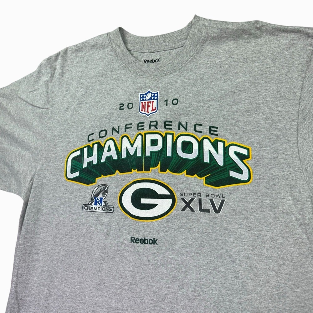 Reebok Green Bay Packers Shirt Mens XL 2010 XLV NFL Champions Gray Football